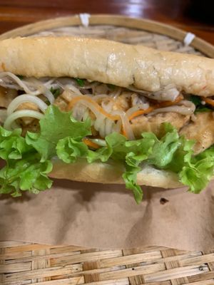 This is the tofu and mushroom bahn mi, loaded with carrots, cucumbers and maybe some other vegetable  at Banh Mi Ha Noi in Tam Coc