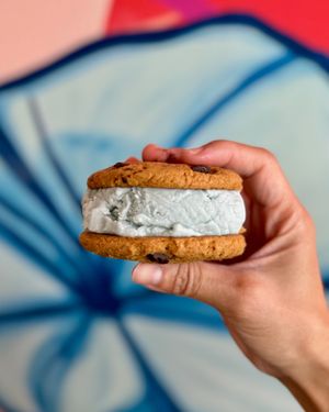 Plant-based chocolate chip and blue vanilla ice cream sandwiches  at Asiga in Guam