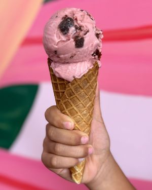 Pink velvet plant-based ice cream and house made cone at Asiga in Guam