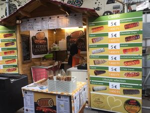 Shop front with all the different flavour options at Kürtós Legenda in Budapest