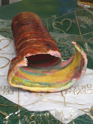 Vegan unicorn chimney cake after! at Kürtós Legenda in Budapest