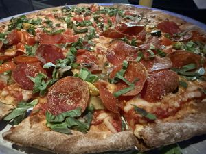Vegan “pepperoni” pizza  at Chimney Rock Inn in Bound Brook