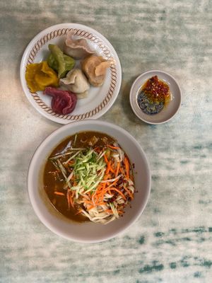 1 of each dumpling. Spicy soybean dry noodles. at Lái Xīn SùShí 來欣素食手工水餃 in Taipei