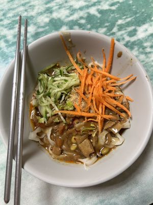 spicy sauce + soy paste + sesame sauce spicy dry noodles. highly recommend!! ordered in combo with one of each 7 dumpling kind for a lunch special!  at Lái Xīn SùShí 來欣素食手工水餃 in Taipei