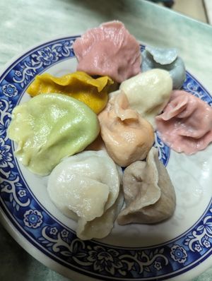 I call it the rainbow dumplings at Lái Xīn SùShí 來欣素食手工水餃 in Taipei