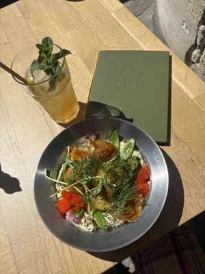 Potato with salmon and caviar and a lemonade  at BarStudio in Warsaw