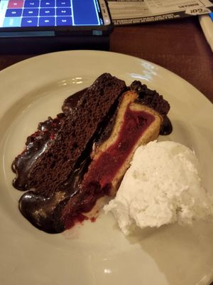 Vegan 2-in-1 Dessert Chocolate cake and raspberry pie with icecream at Hungry Horse - Old Rectory in Stockport