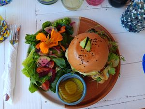 Lentil burger with side salad at Vegan Town in Ajijic