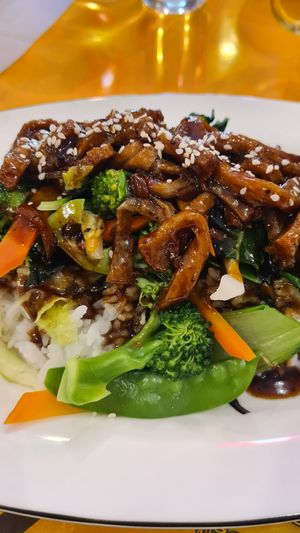 Vegan Chicken Teriyaki with rice  #Veganuary at Vegan Center Cafe in Vientiane