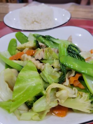 Mixed veggies with rice at Vegan Center Cafe in Vientiane