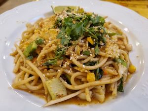 Spaguetti with peanut sauce at Vegan Center Cafe in Vientiane