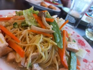 Fried yellow noodles with tofu at Vegan Center Cafe in Vientiane
