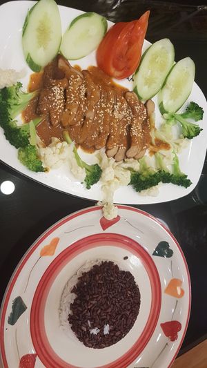 Duck Teriaky with peanut sauce (65k Kip) and rice (10k Kip) at Vegan Center Cafe in Vientiane