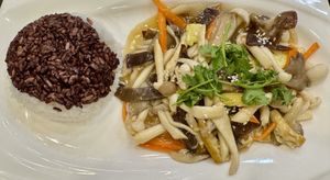 3 kids of mushroom with brown & white ricee  at Vegan Center Cafe in Vientiane