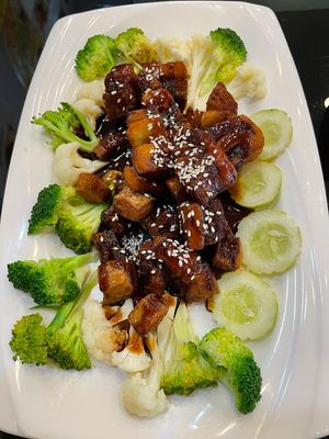 tasty teriyaki pork at Vegan Center Cafe in Vientiane