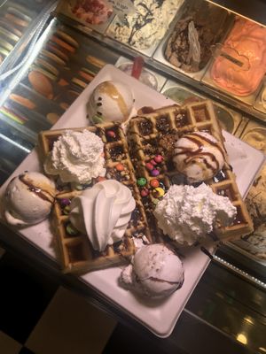Belgian waffle with ice cream, sweet cream, frozen yoghurt & various vegan toppings  at Tivonela in Tel Aviv