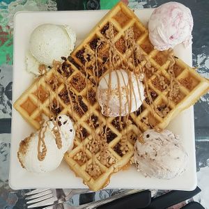 Belgian Waffel, ice cream delicious flavors-nugat, pistacio,cherry and cream , crem brule, ferrero rochet😎 at Tivonela in Tel Aviv