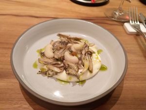 Celery purée with grilled maitake mushrooms and white beans at Xavier Pellicer in Barcelona