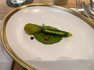 Courgette flower, basil and ratatouille at Xavier Pellicer in Barcelona