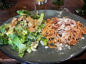 Bolognese and caeser salad   at Don Vegan in Quebec