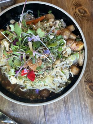 pad thai with super crispy tofu and some lovely micro greens. very very large serving, get ready for noodles  at Don Vegan in Quebec