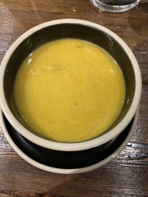 Soup as a starter - pumpkin and ginger  at Don Vegan in Quebec
