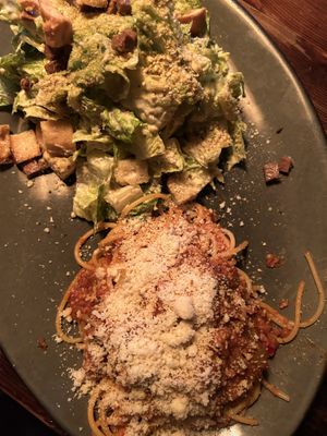 Cesar and spaghetti bolognese   at Don Vegan in Quebec