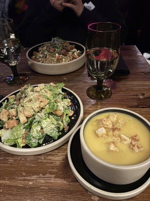 Pad Thai (back), Caesar salad, soup of the day  at Don Vegan in Quebec