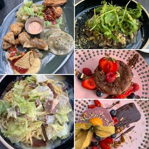 Sampler app, risotto, spaghetti carbonara, cheesecake, and chocolate cake  at Don Vegan in Quebec