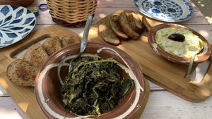 Delicious food! Greens and vegan Cacik (Tzatziki).  at Pernera in Patmos