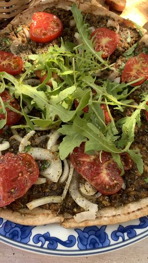 Delicious food! Vegan Lamahcun.   at Pernera in Patmos