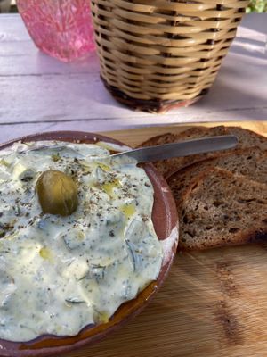 Tzatziki with homemade bread.  at Pernera in Patmos