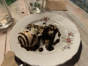 Mosaic pie with hazelnut ice cream  at Pernera in Patmos