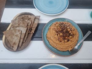 Sweet potato and smoked pepper Hummus at Pernera in Patmos