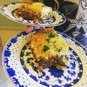 Vegan, gluten free mousaka with organic black lentils' (belunga) mince at Pernera in Patmos