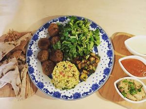 Falafel from organic, greek chickpeas baked in the oven, taboule salad with organic millet at Pernera in Patmos