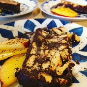 Sweet mosaik with organic, fair trade cocoa, black sugar and gluten free biscuits and seasonal peach at Pernera in Patmos