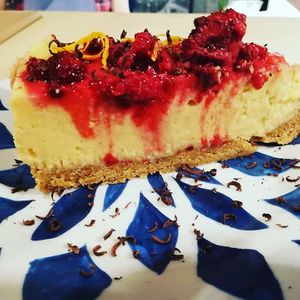 Vegan, organic cheese-cake with red berries and gluten-free biscuits at Pernera, Patmos island, Greece at Pernera in Patmos