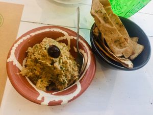 Babaganoush and homemade whole grain pita ..sensational  at Pernera in Patmos