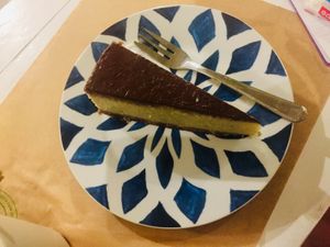 Melon and banana cheesecake with fairtrade chocolate ..sooooooo good! at Pernera in Patmos