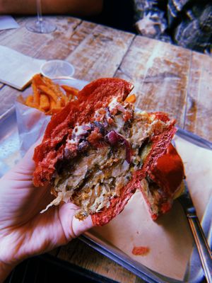 Inside Lightning Jack, double jackfruit patty! 😍 at BrewDog in East London