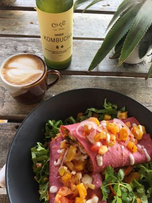 Coconut flat white, ginger kombucha brewed in Sri Lanka and a gluten free beetroot, BBQ jackfruit wrap. at The BNKR - Maybe closed in Kalpitiya