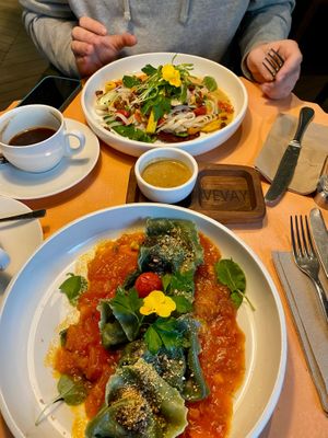 Truffle ravioli and noodle bowl at Vevay Kitchen in Frankfurt