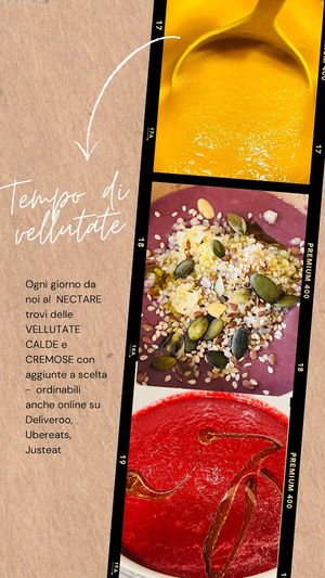 Our creamy and tasty and healthy soups, every day in winter time. Vegan ☺️ and without gluten. Stay tuned for the choices and menu of the day on Instagram (nectarejuices2)  at Nectare 2 in Bologna