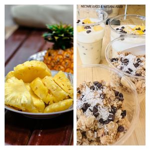 Different kinds of fruit mousse with cereal (vegan) or jogurt (vegetarian) every day, just check in the fridge. To eat on the spot or to take away at Nectare 2 in Bologna