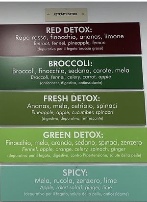 Menu of fresh detox juices at Nectare 2 in Bologna