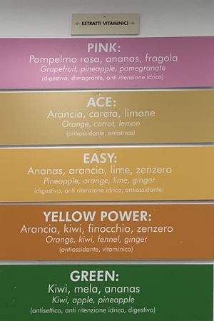 Partial menu of the fresh vitamin juices at Nectare 2 in Bologna