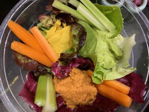 Three types of humus with fresh vegetables to dip. Curry humus, dried tomatoes humus and humus with mixed herbs. Delicious! at Nectare 2 in Bologna