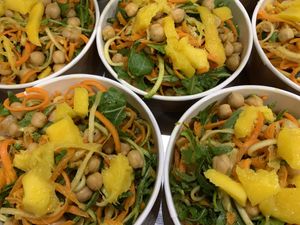 Spicy raw spaghetti of carrots and zucchini work Curry sauce and mango topping at Nectare 2 in Bologna