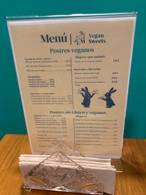 Menu; note that they have gluten-free sweets at Em Vegan Sweets in Lima
